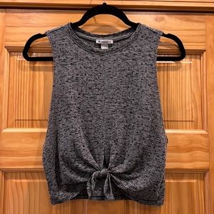 Gray and black print dropped armholes tie front hem muscle tank top